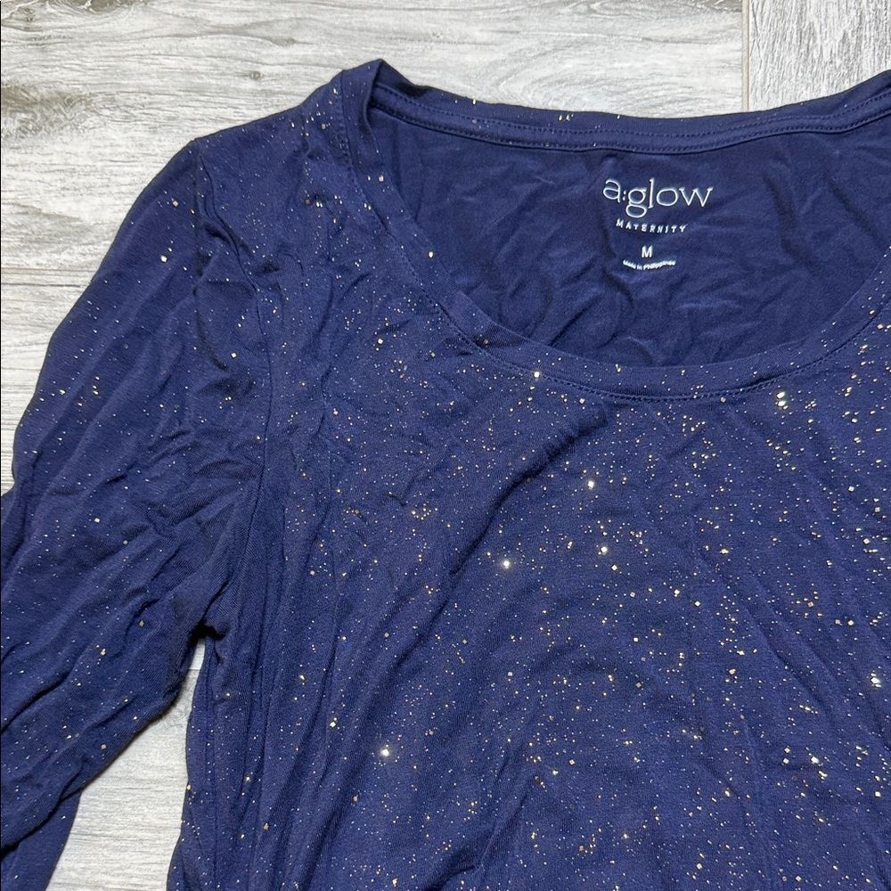 a:glow Maternity Navy Long Sleeve Metallic Fleck Top Medium - Picture 2 of 8
